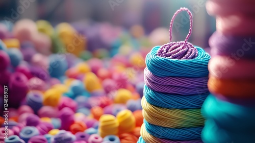 A vibrant collection of colorful yarn spools stacked amidst a multitude of beads, perfect for crafting and creative projects. photo