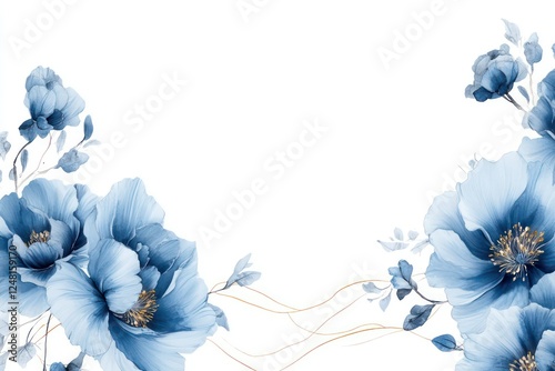 Fototapeta Naklejka Na Ścianę i Meble -  An elegant floral border featuring hand-painted blue peonies intertwined with thin golden lines on a white backdrop.