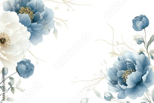 Fototapeta Naklejka Na Ścianę i Meble -  An elegant floral border featuring hand-painted blue peonies intertwined with thin golden lines on a white backdrop.