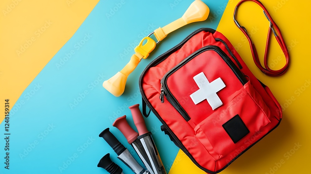 First aid kit and hiking trekking equipment isolated on a colorful background