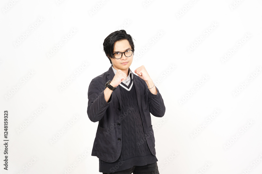 Serious face making a fist for fight Of Handsome Asian Man Isolated On White Background Serious face making a fist for fight Of Handsome Asian Man Isolated On White Background