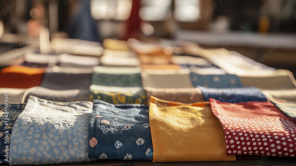A vibrant display of colorful fabrics showcasing various patterns, perfect for crafting and sewing enthusiasts. A vibrant display of colorful fabrics showcasing various patterns, perfect for crafting and sewing enthusiasts.