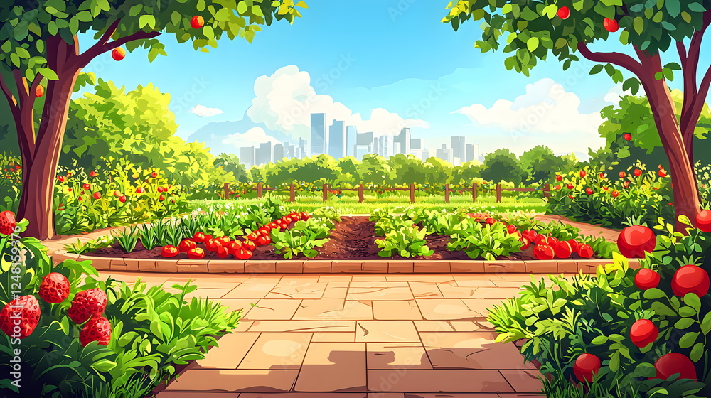 Fototapeta premium Lush garden pathway surrounded by vibrant apples, colorful flowers, and a city skyline backdrop.