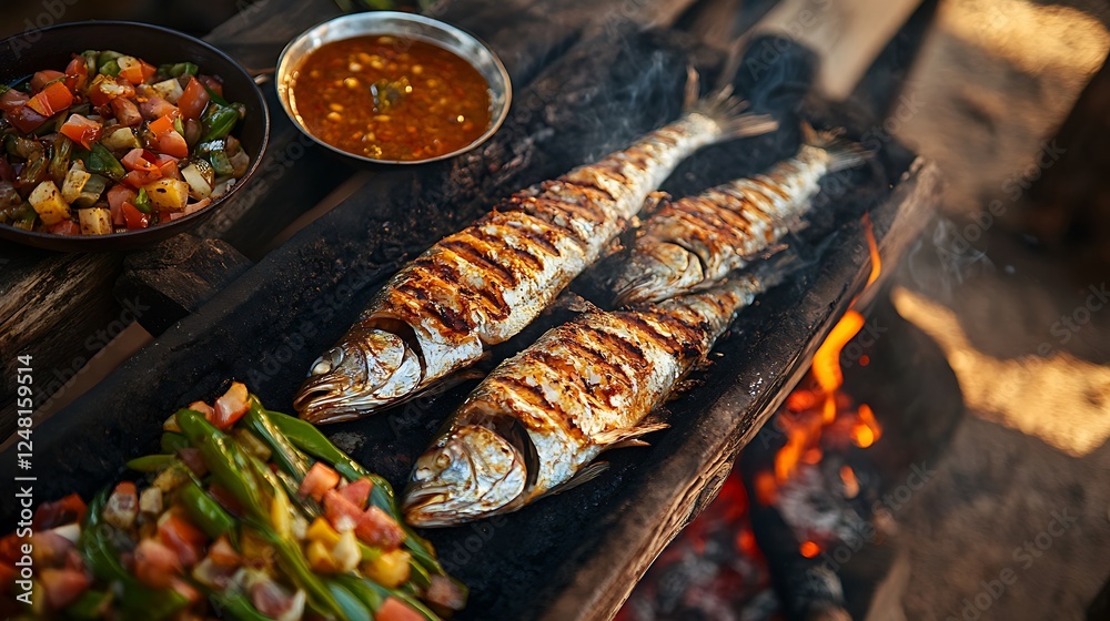Fish cooked on a fire with sauces and veggies