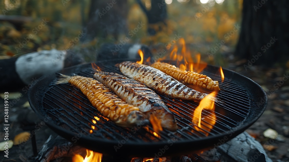 Fish grilled over fire on the barbecue