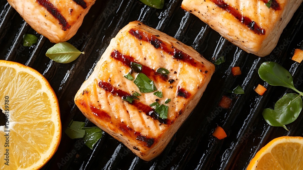 Fish on the grill accompanied by a luscious citrus slice