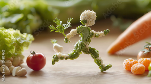 human figure made entirely of fresh produce, running joyfully among vegetables and fruits, showcasing creativity and health