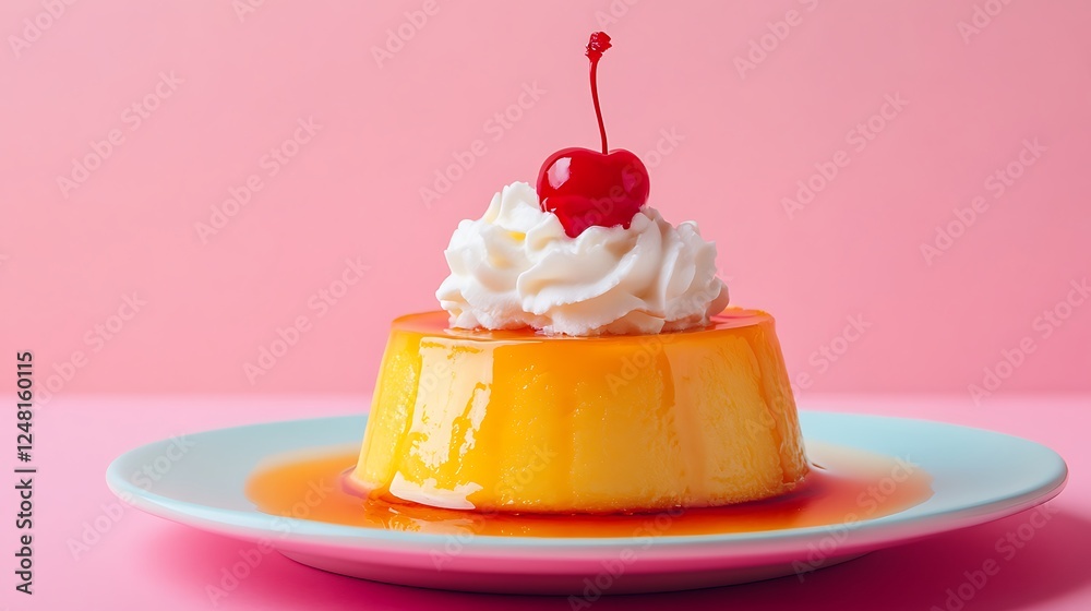 Flan with whipped cream and cherry isolated on a colorful background