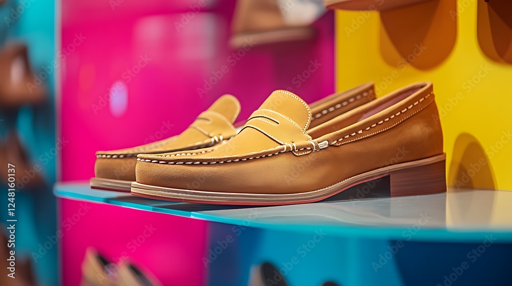 Flat loafers suede in store display isolated on a colorful background