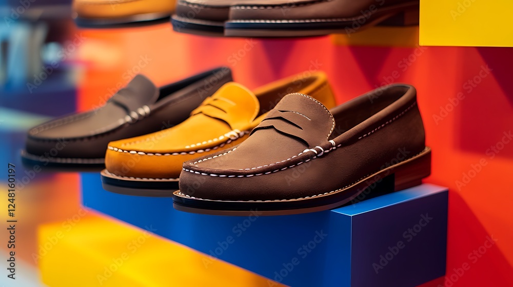 Flat loafers suede in store display isolated on a colorful background