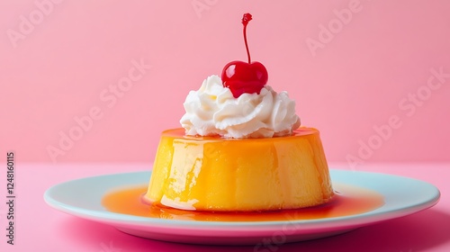 Obraz na płótnie Flan with whipped cream and cherry isolated on a colorful background w salonie