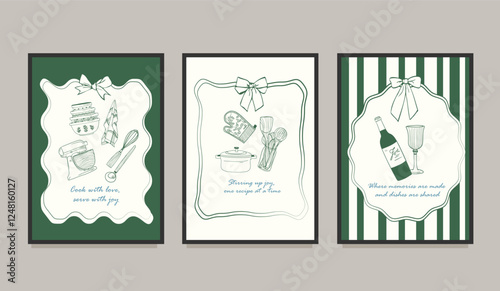 Nostalgic Kitchen Charm Design Poster Set Hand Drawn Illustration