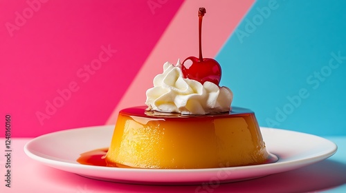 Obraz na płótnie Flan with whipped cream and cherry isolated on a colorful background w salonie