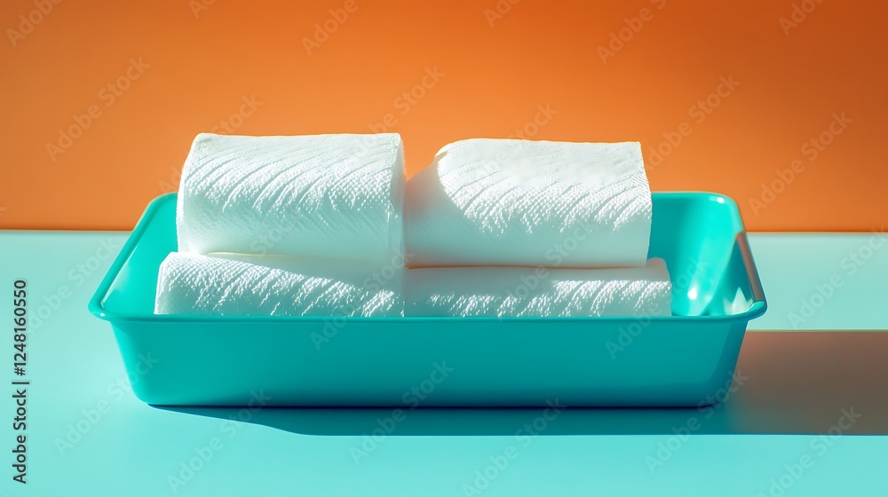 Folded white paper towels on an aqua orange backdrop in an aqua rectangular container