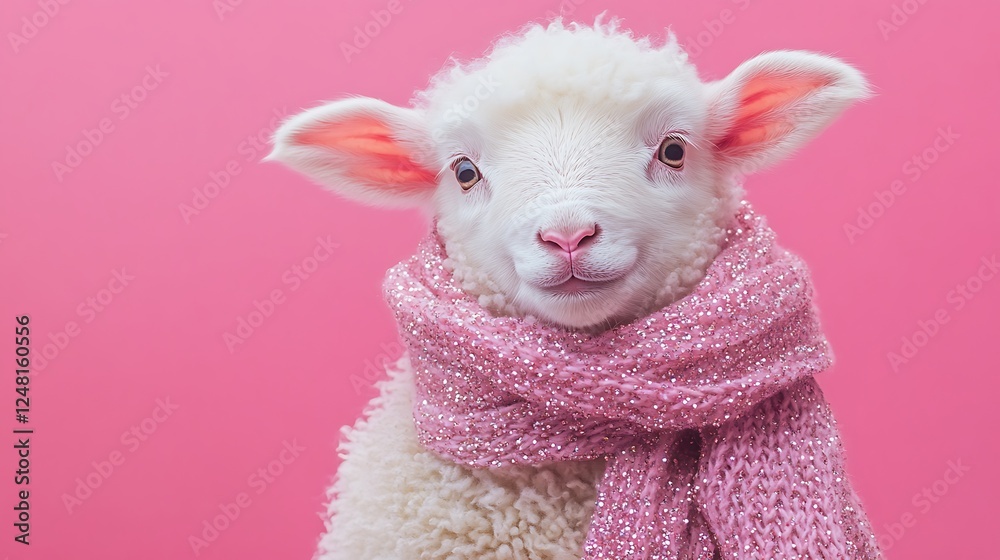 Fluffy lamb with a sequined scarf isolated on a colorful background
