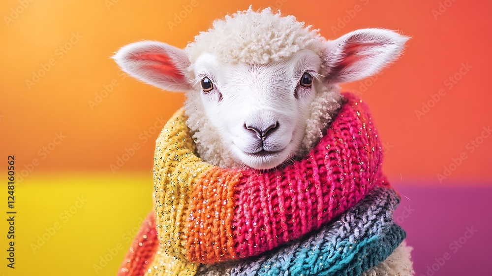 Fluffy lamb with a sequined scarf isolated on a colorful background