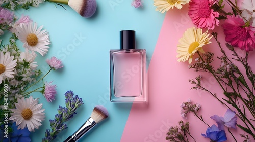 Obraz na płótnie Flowers circle perfume bottle and make up brush isolated on a colorful background w salonie