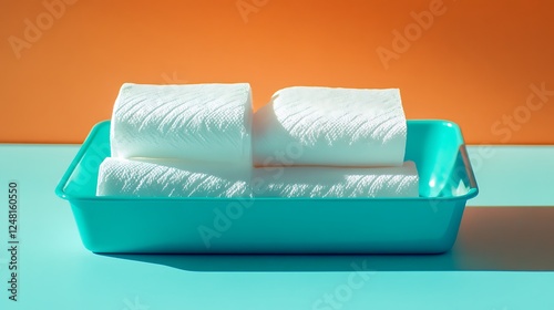 Obraz na płótnie Folded white paper towels on an aqua orange backdrop in an aqua rectangular container w salonie