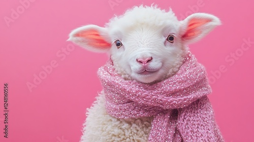 Obraz na płótnie Fluffy lamb with a sequined scarf isolated on a colorful background w salonie