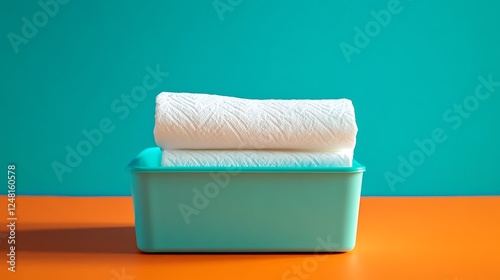 Obraz na płótnie Folded white paper towels on an aqua orange backdrop in an aqua rectangular container w salonie