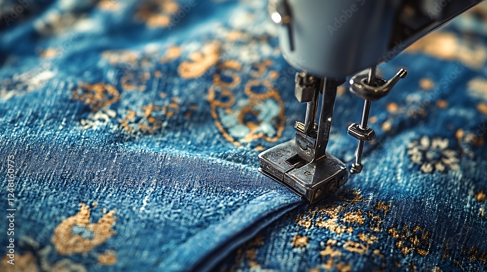 Foot of sewing machine on jeans fabric isolated on a colorful background