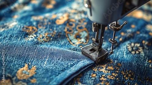 Obraz na płótnie Foot of sewing machine on jeans fabric isolated on a colorful background w salonie