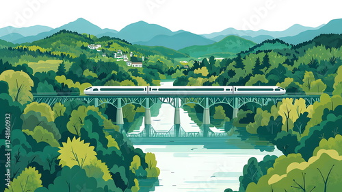 High-speed train crossing a bridge over a serene river surrounded by lush green mountains and trees.