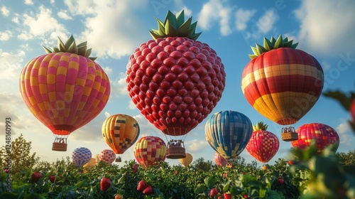 Whimsical Fruit Shaped Hot Air Balloons Floating in Colorful Sky Above Orchards photo