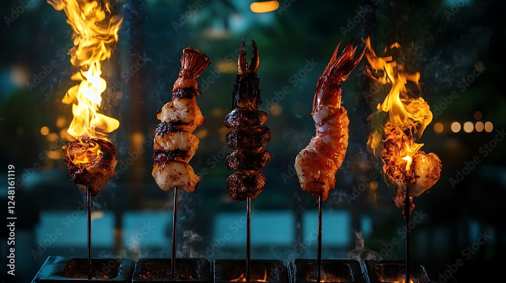 Four hot freshly grilled seafood on torches