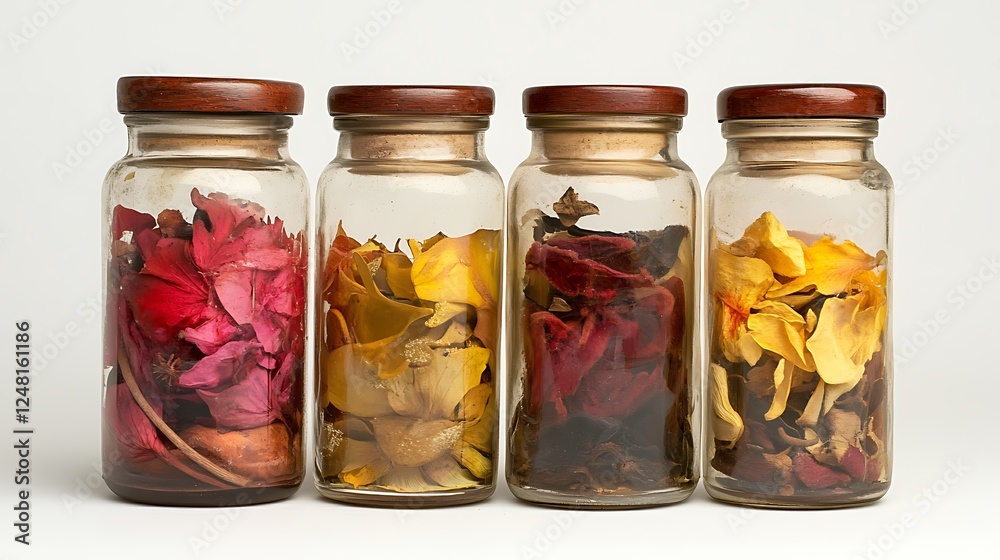 Four topical medicine jars with variously colored contents