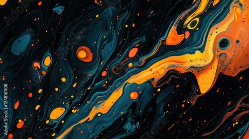 Vibrant Abstract Art in Bold Orange and Blue Swirls on Black Background