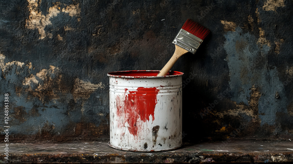 Metal white paint can with red paint and paintbrush with wooden handle raster illustration Metal white paint can with red paint and paintbrush with wooden handle raster illustration