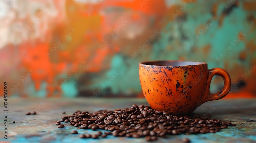 Framed over a vibrant backdrop are an orange clay cup coffee grounds and spilled fluid java