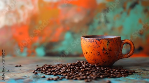 Obraz na płótnie Framed over a vibrant backdrop are an orange clay cup coffee grounds and spilled fluid java w salonie