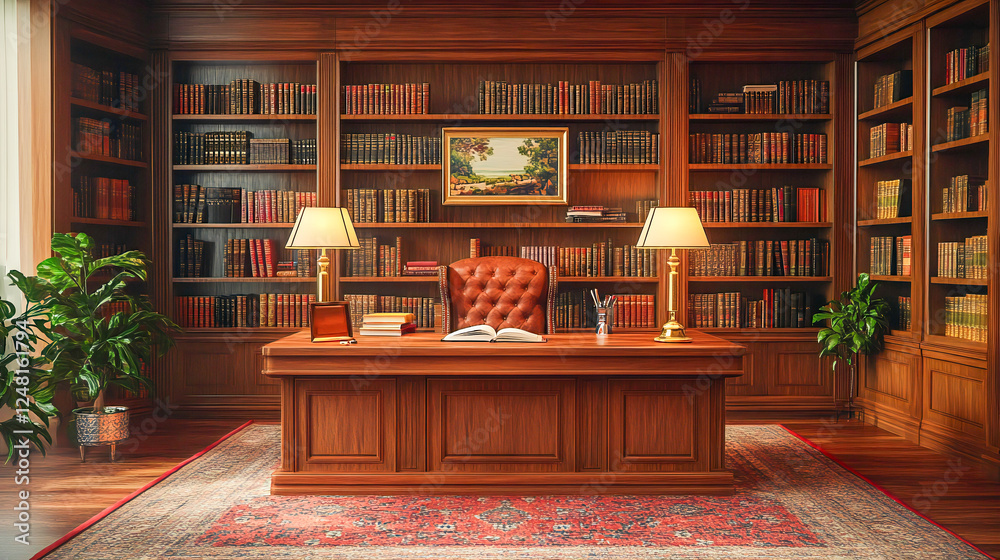 Fototapeta premium Elegant Study Room with Wooden Desk, Bookshelves, and Armchair in a Cozy Home Library Setting, Bright Lighting, Classic Decor, and a Serene Atmosphere for Reading and Concentration