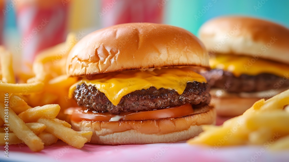 Fresh burgers and sandwich meal isolated on a colorful background