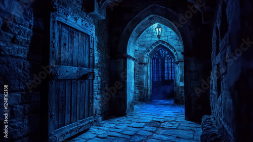 Dark medieval stone corridor leads to wooden entrance with blue moonlight streaming through barred windows. Ancient castle dungeon with gothic archways, cobblestone floor, rustic torch holders on wall