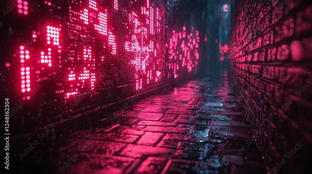 Obraz premium Alley with Glowing Holographic Graffiti Illuminating the Moody Urban Environment
