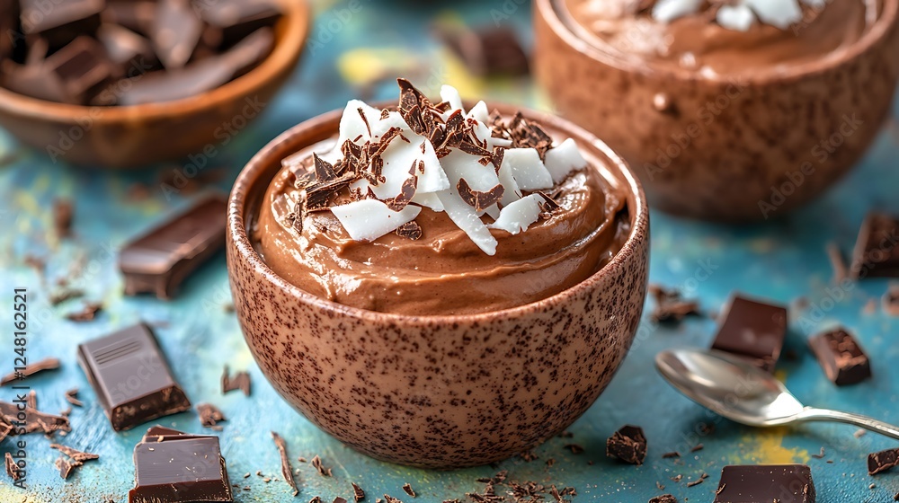 Fresh homemade vegan chocolate mousse with coconut cream and cocoa with shavings of chocolate and coconut isolated on a colorful background