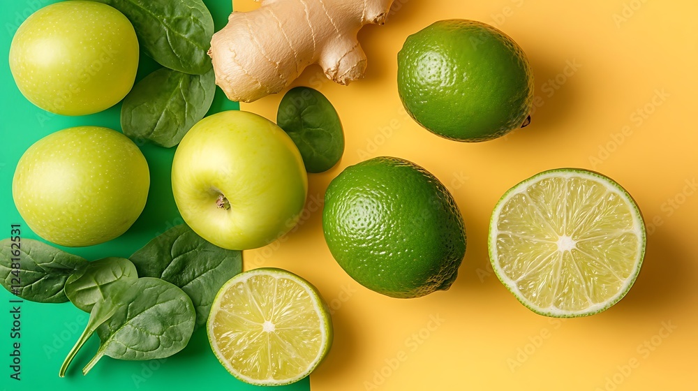 Fresh organic ingredients for preparing a green smoothie drink spinach apple lime ginger isolated on a colorful background