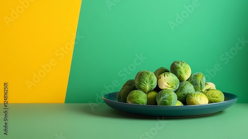 Obraz na płótnie Fresh organic brussels sprouts raw in a plate isolated on a colorful background w salonie