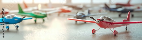 Colorful miniature airplanes displayed on a table, showcasing the art of model building and aviation enthusiasm.