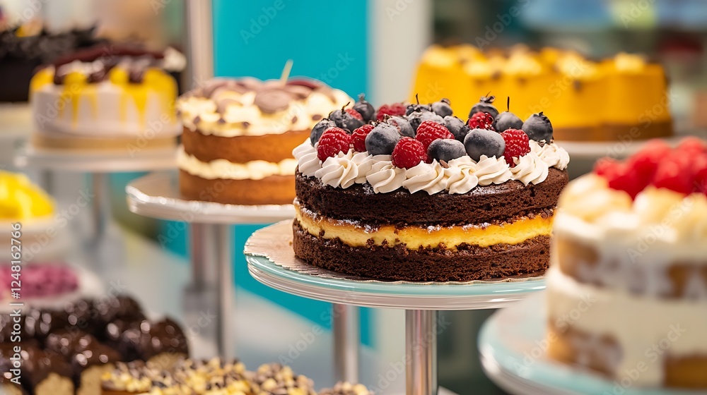 Freshly cakes on a counter top in a bakery isolated on a colorful background