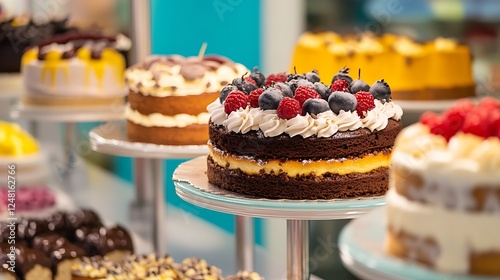Freshly cakes on a counter top in a bakery isolated on a colorful background
