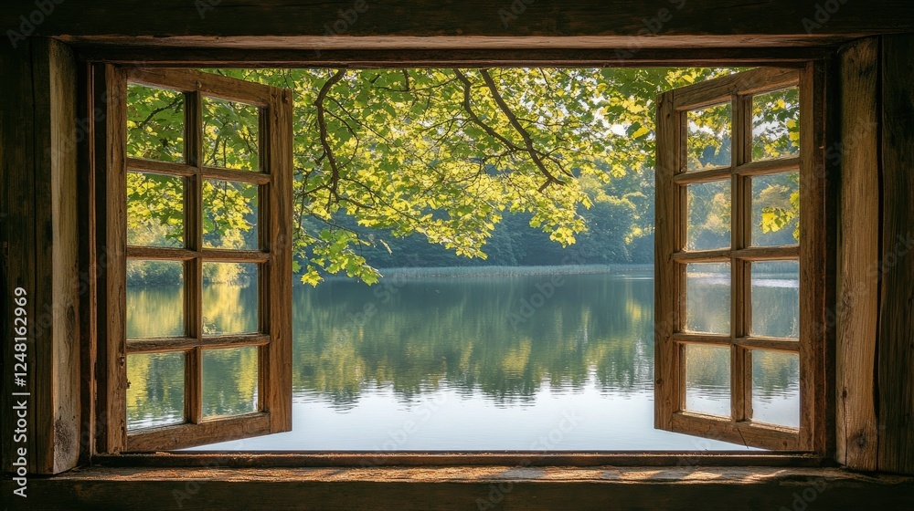 Fototapeta premium Scenic View of Calm Lake with Lush Greenery Framing Window