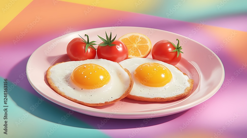 Fried eggs with cherry tomatoes excellent breakfast isolated on a colorful background
