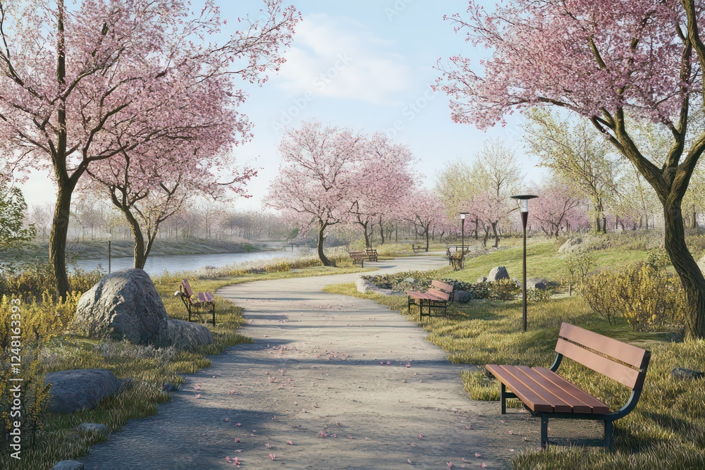 An idyllic park scene with early blooming cherry blossoms, benches, and a serene walking path under a clear sky. An idyllic park scene with early blooming cherry blossoms, benches, and a serene walking path under a clear sky.