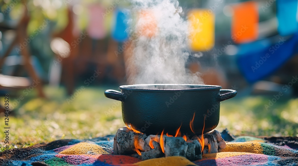 Frying a whole in an outdoor frying pot in a yard isolated on a colorful background