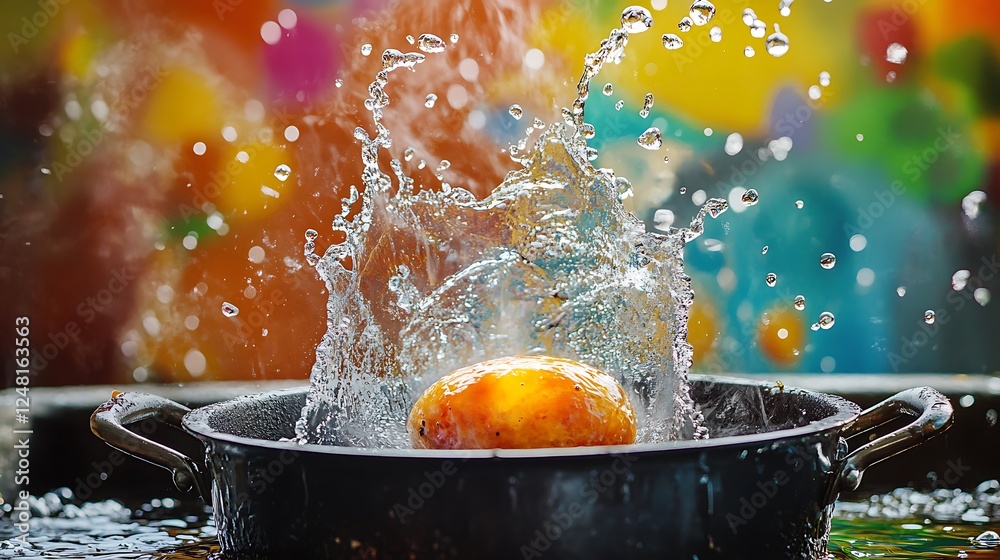 Frying a whole in an outdoor frying pot in a yard isolated on a colorful background