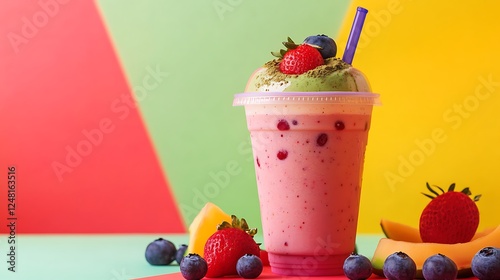 Obraz na płótnie Fruit smoothy in plastic cup with iced matcha latte on plastic cup isolated on a colorful background w salonie